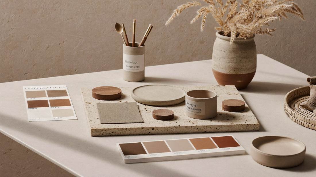 Material board of stone, clay and timber samples with a ribbed ceramic vessel