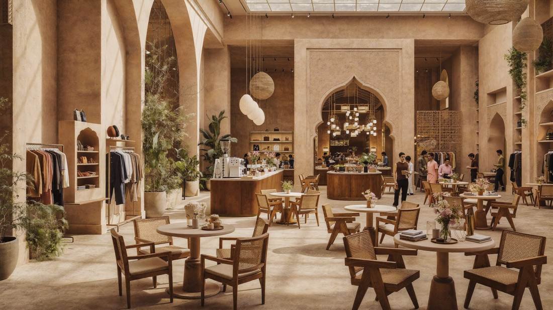Open retail floor with clothing rails, plaster arches and clustered globe lighting