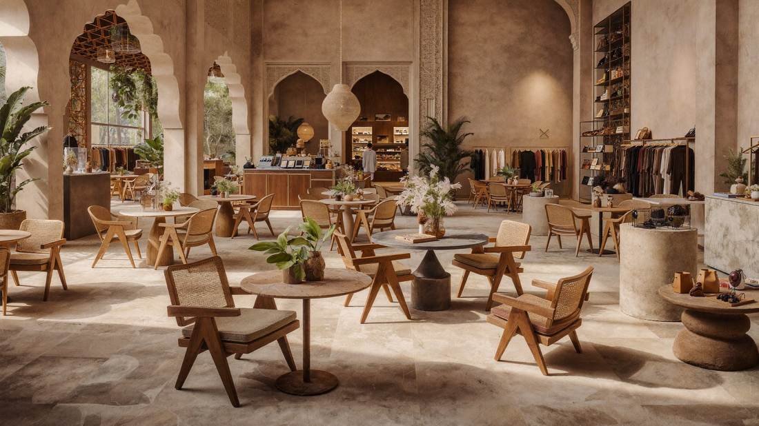 Restaurant terrace beneath a planted atrium, woven furniture in warm evening light