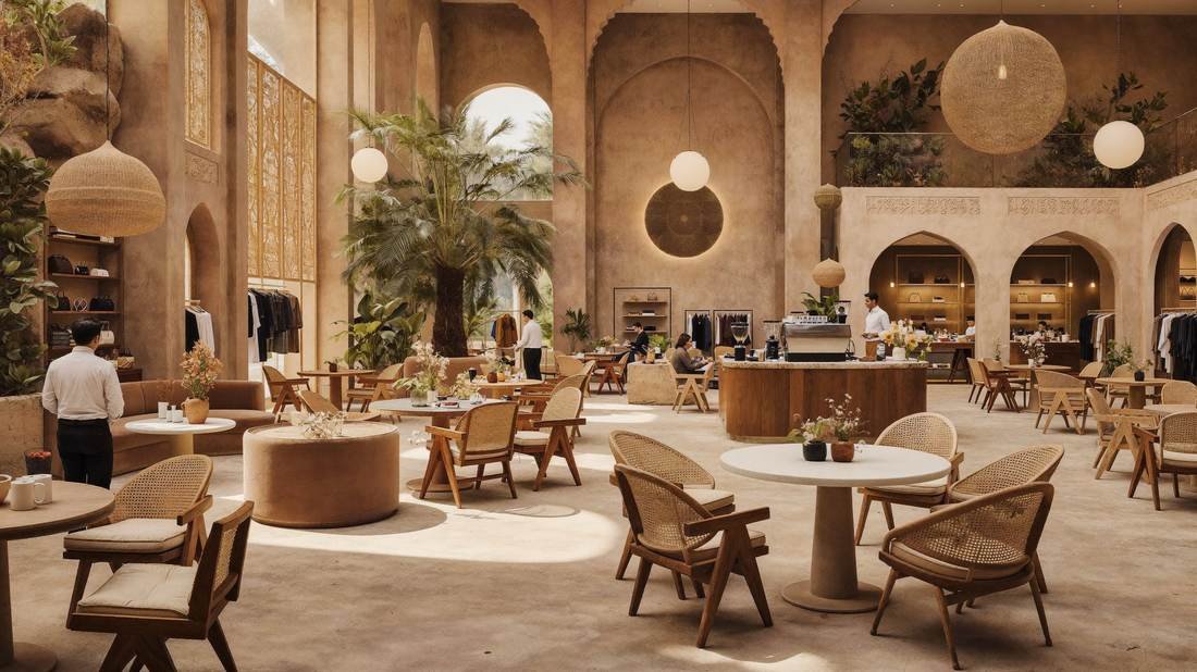Double-height atrium with arched alcoves, palms and clustered pendant lighting.