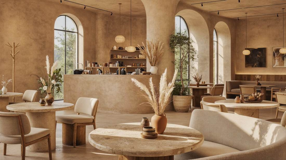 Lounge seating area with pampas grass and planters under soft daylight through arches