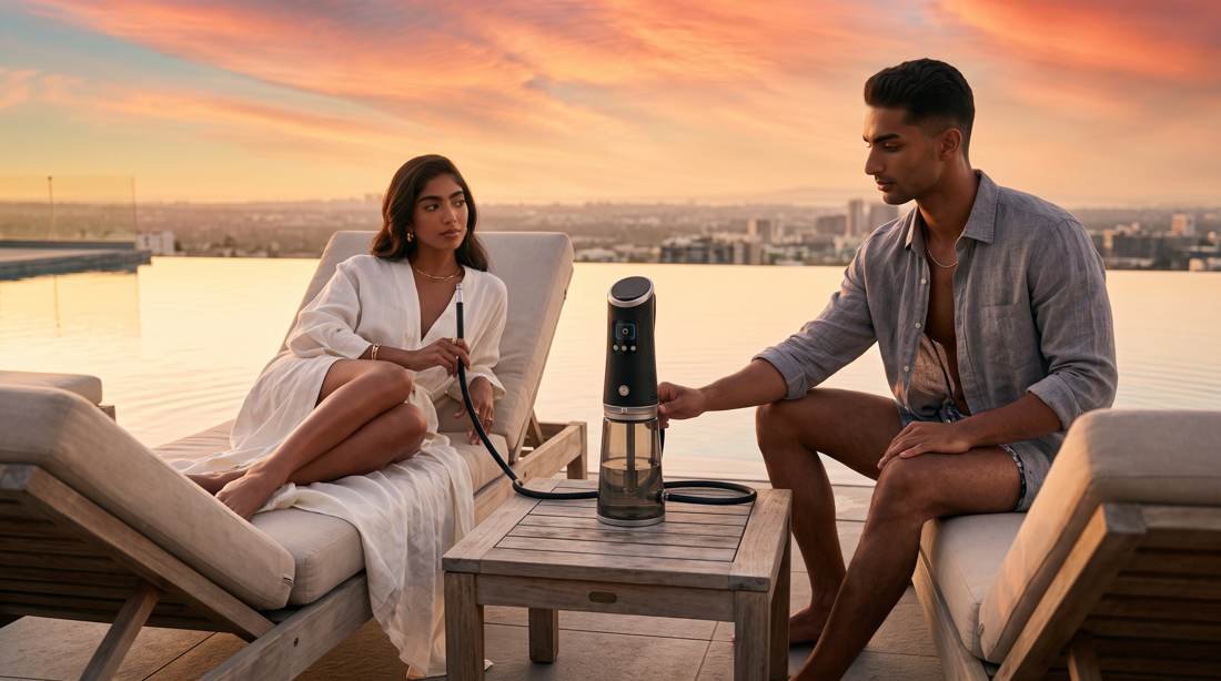 Couple on a waterside deck at sunset, the Golden Hour Society device beside them