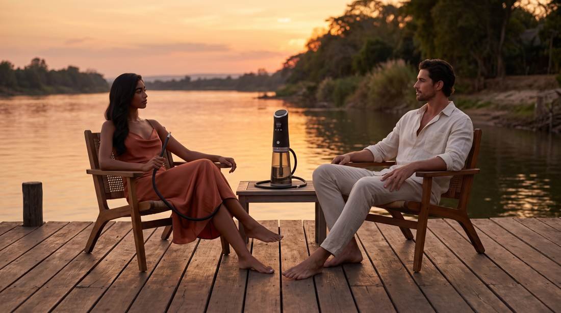 Couple on a riverside deck at golden hour with the device on a side table