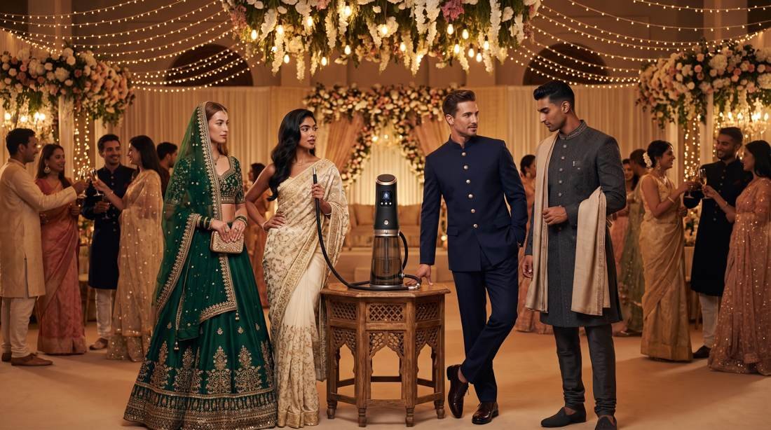 Wedding party in Indian formalwear gathered under floral lighting around the device.
