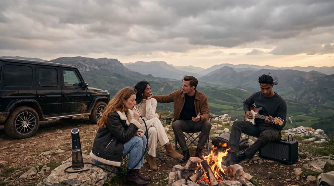 Group beside an off-road vehicle at a mountain viewpoint with the device on the tailgate