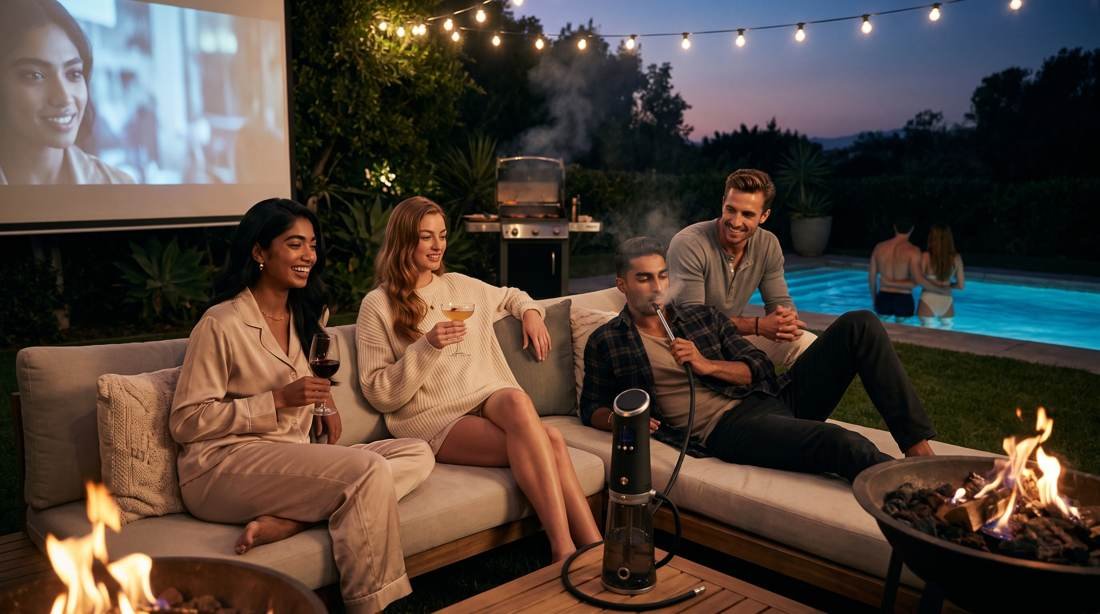 Poolside evening gathering with an outdoor screen and the device among the guests.