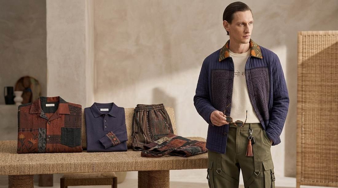 Model in an indigo embroidered jacket beside a table of folded printed shirts and textile swatches