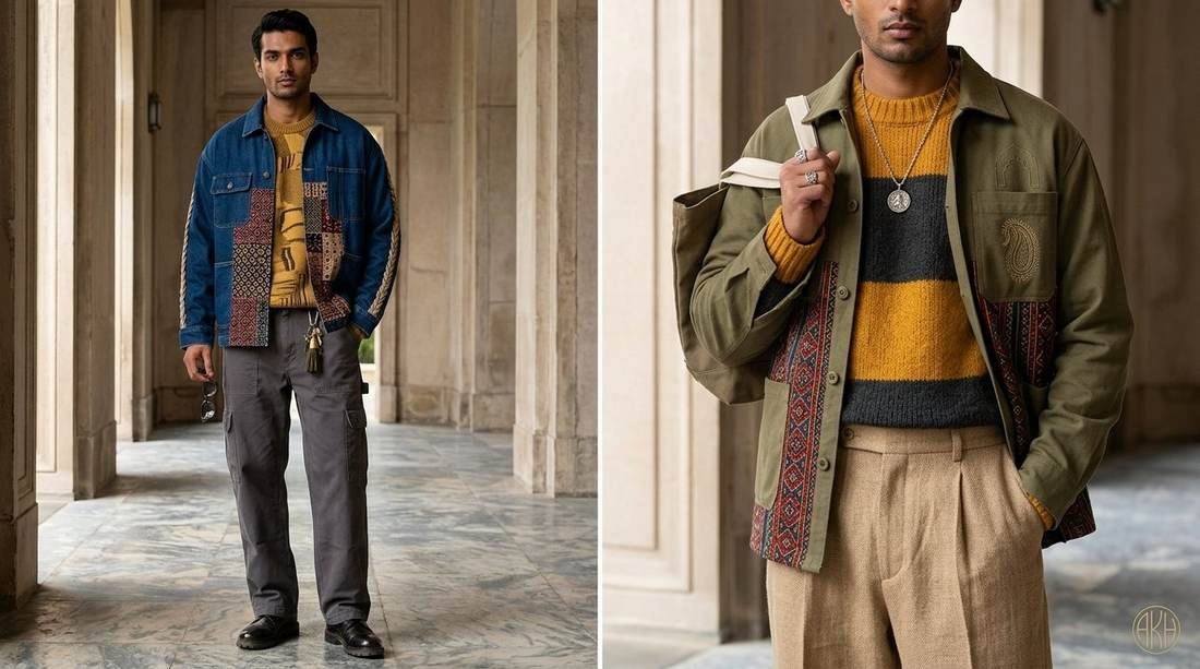 Two models in layered Haveli Road menswear walking a sunlit sandstone colonnade.