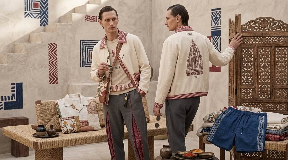 Two models in ivory embroidered kurtas among rolled fabric bolts and cushions in a courtyard