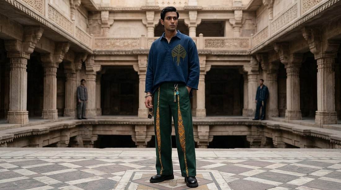 Model in an indigo bomber and printed trousers in a carved sandstone haveli courtyard.